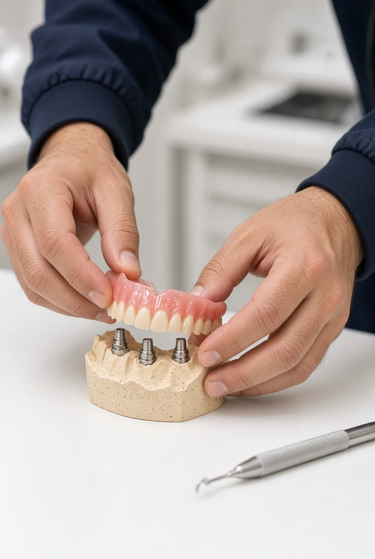 Dr. Seyal fitting a denture onto an implant model