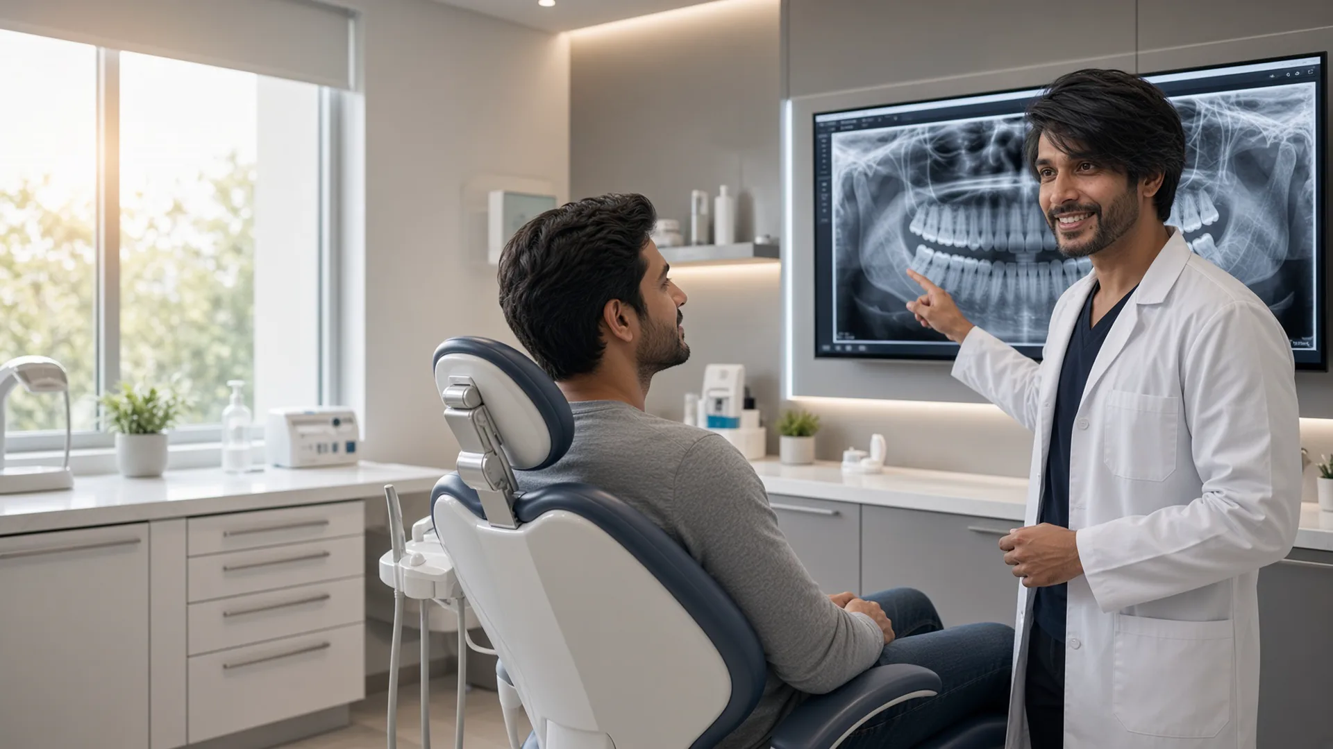Dr. Seyal pointing out a tooth on a patient's x-ray