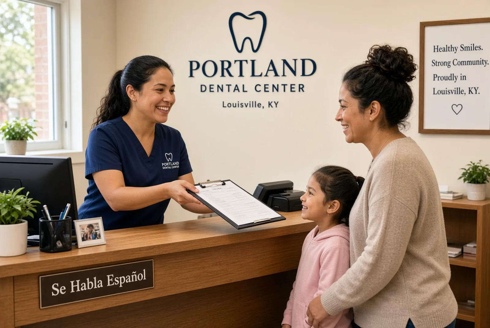 The front desk welcoming a mother and daughter, Se habla español sign on the counter