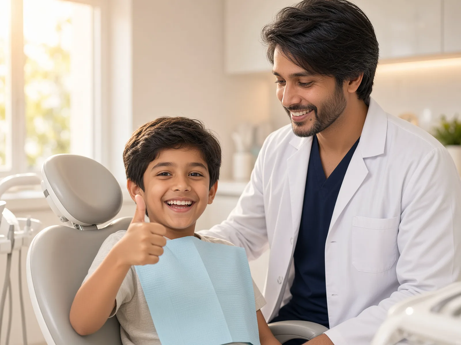 A young patient giving a thumbs up in the chair next to Dr. Seyal
