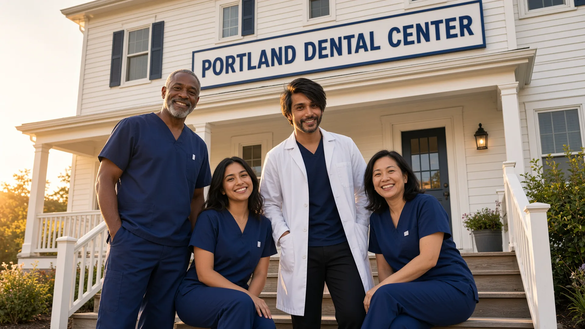 Dr. Seyal and the team on the front steps under the Portland Dental Center sign