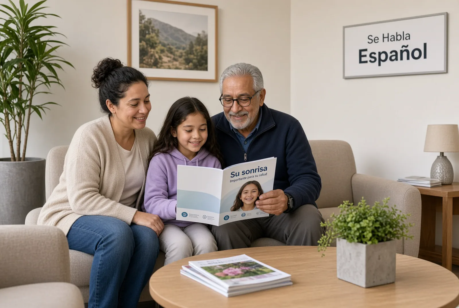 A family reading a Spanish-language brochure in the waiting room